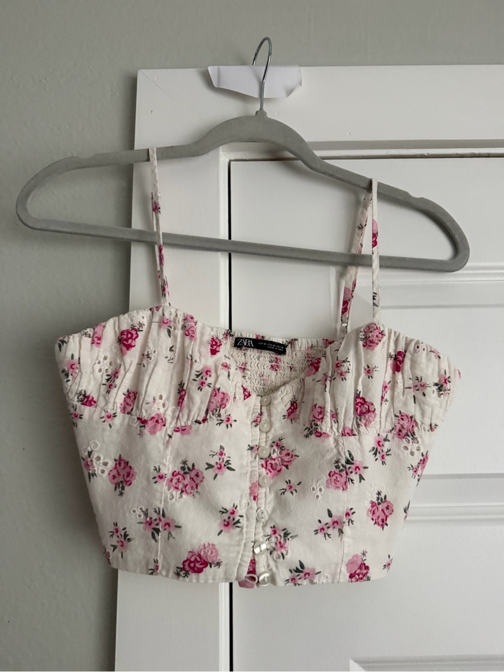 ZARA White Cropped Floral Button-Front Tank